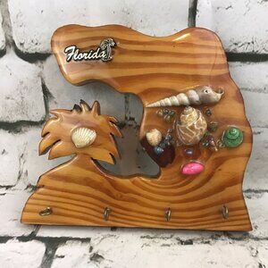 Vintage Laquer‎ Wood Palm Tree Shaped Sea Shell Florida Wall Mount Key Holder